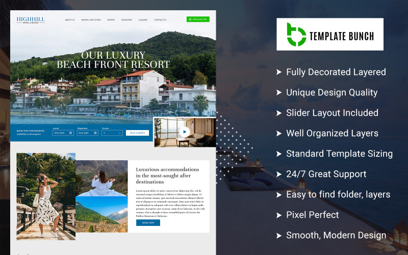 Highhill - Modello PSD della pagina di destinazione personalizzata per hotel e resort