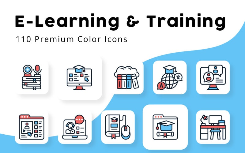 Iconos de colores mínimos de aprendizaje y formación en E