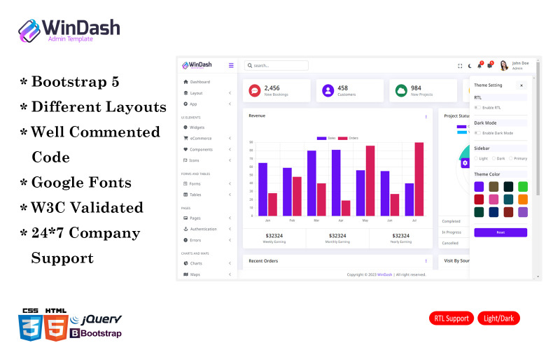 WinDash – Többcélú rendszergazdai irányítópult Bootstrap 5 sablon