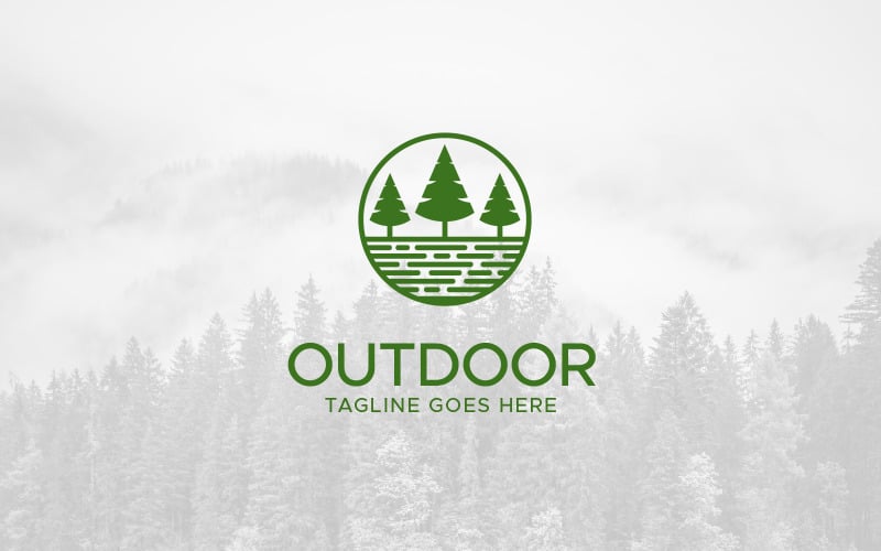 Modello di progettazione del logo dell'albero di pino della natura del paesaggio all'aperto