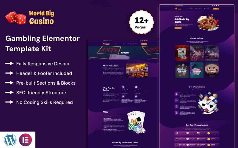 World Big Casino - Novo Kit de Modelo Elementor para Site de Jogos de Azar