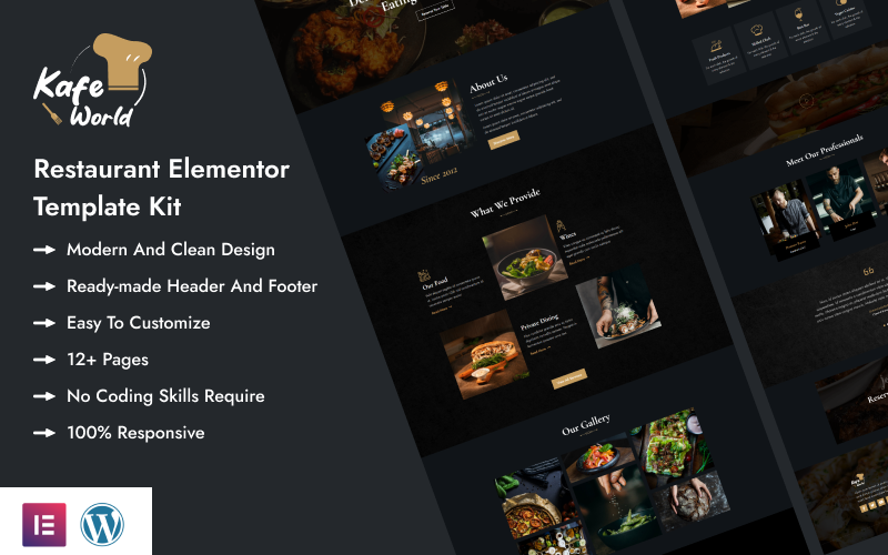 KafeWorld - Kit modello Elementor per siti Web di cibo e ristoranti