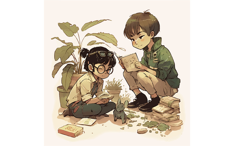 A Stílusban Hayao Miyazaki Két Fiatal Illusztráció Vektor