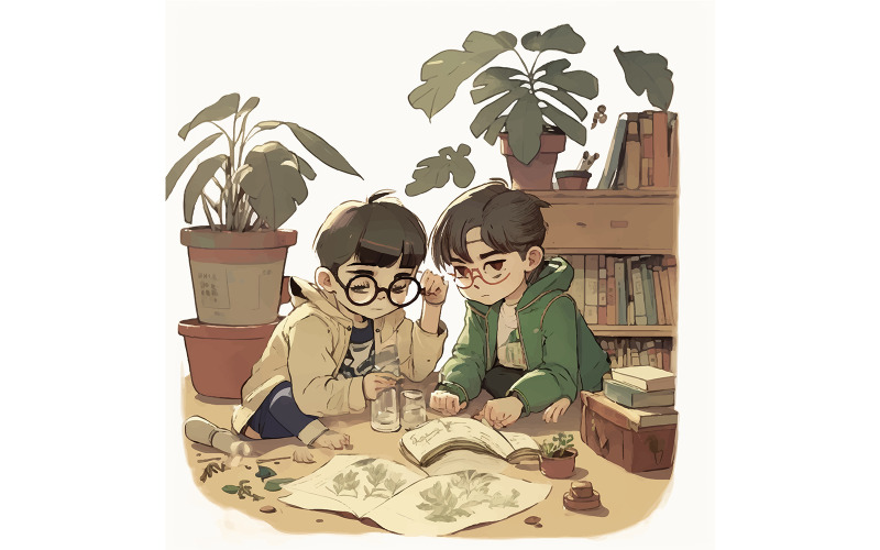 Miyazaki İki Genç Çinli Illüstrasyon Vektörü