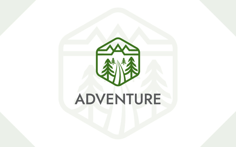 Modello di progettazione del logo della natura della montagna della foresta di avventura