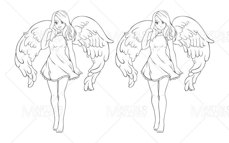 Angel Anime Girl su White Line Art Vector Illustration