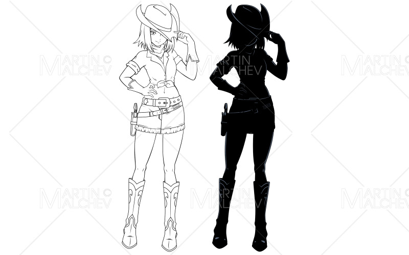 Аниме Cowgirl Line Art и силуэт векторной иллюстрации