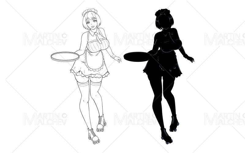 Anime, Kellnerin, Strichzeichnung, Vektor, Illustration