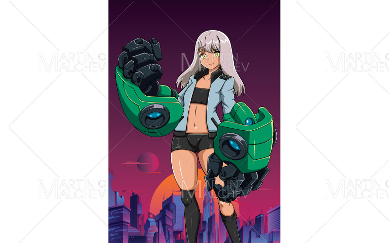 Anime lány robotkarokkal függőleges vektoros illusztráció