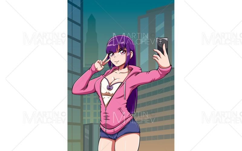 Anime lány vesz szelfi vektoros illusztráció