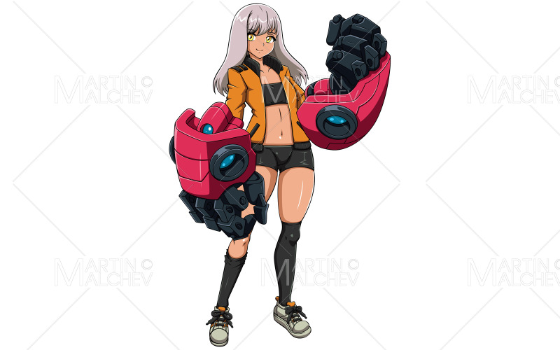 Anime-Mädchen mit Roboterarmen auf weißer Vektorillustration