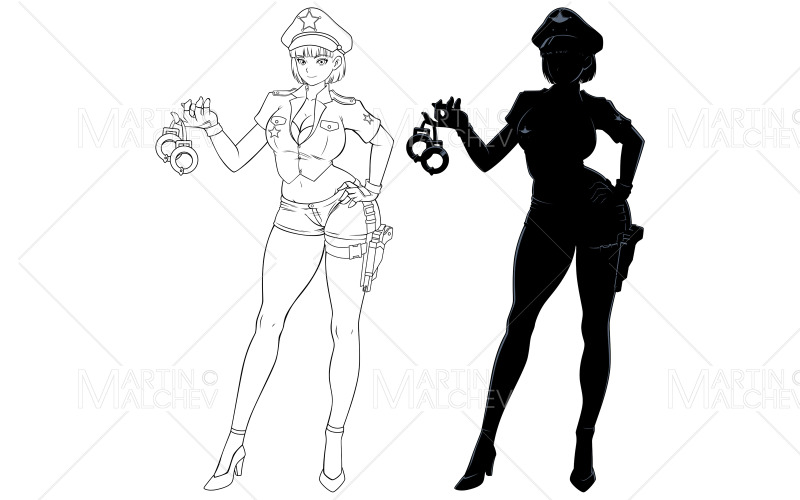 Anime Police Officer Line Art e Silhouette Vector Illustration