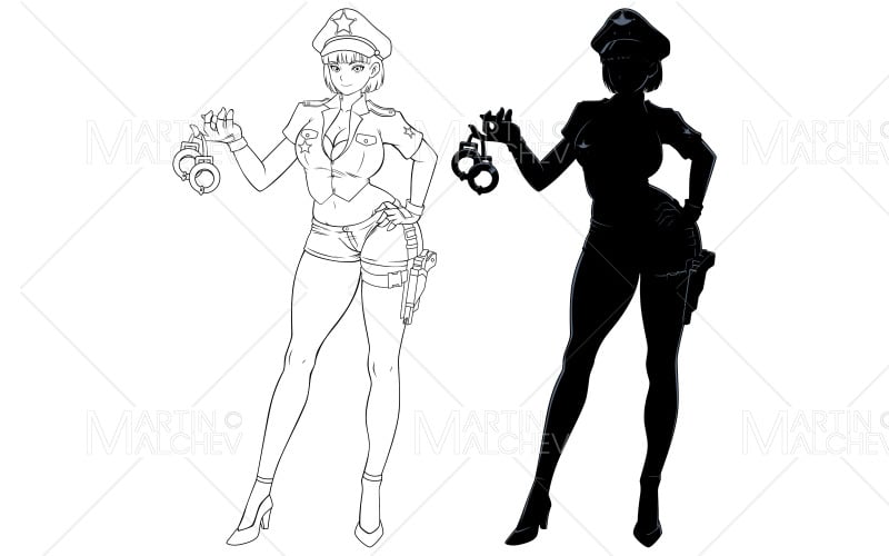 Anime policejní důstojník čárová grafika a silueta vektorové ilustrace