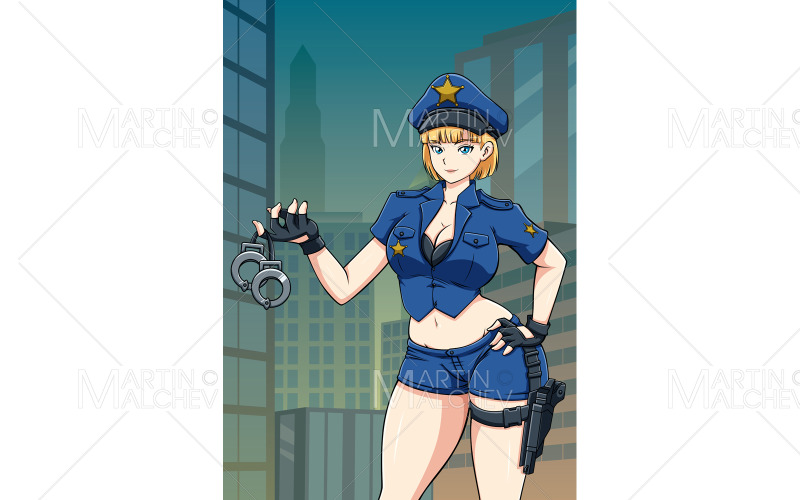 Anime-Polizist in der Stadt-Vektor-Illustration