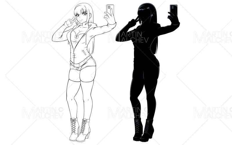 Anime Selfie Line Art e Silhueta Ilustração Vetorial