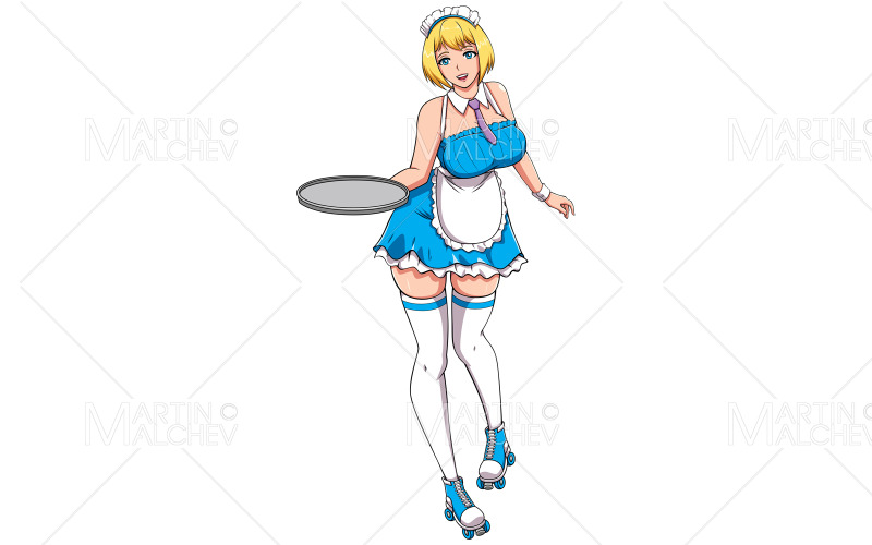Anime serveerster meisje op witte vectorillustratie