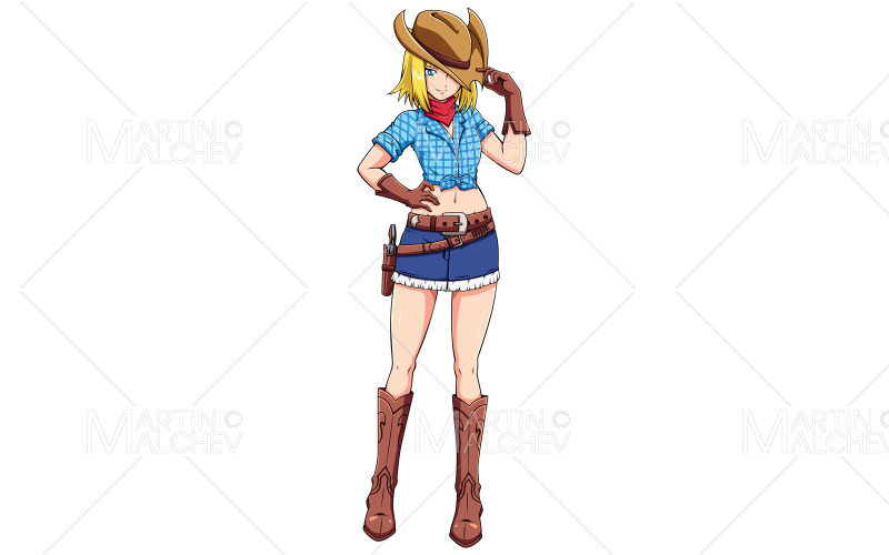 Cowgirl de anime em ilustração vetorial branca