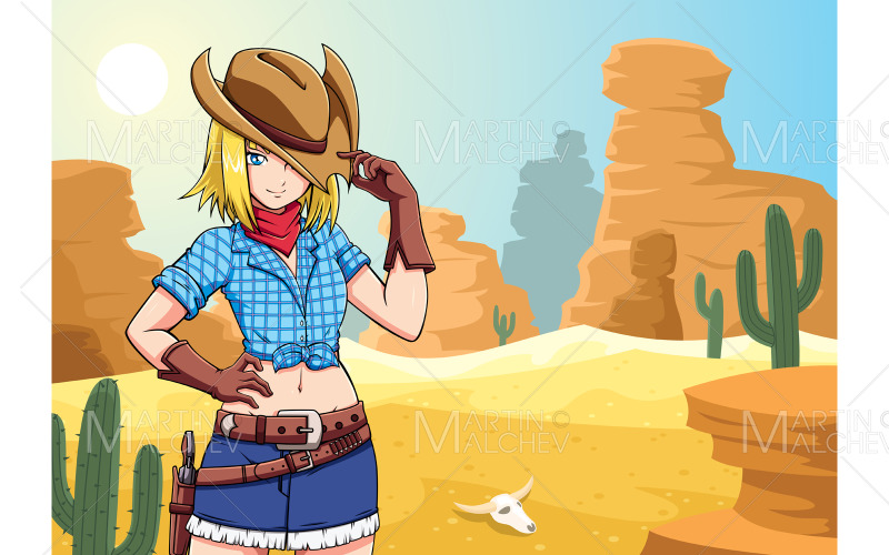 Cowgirl di anime nell'illustrazione di vettore del deserto