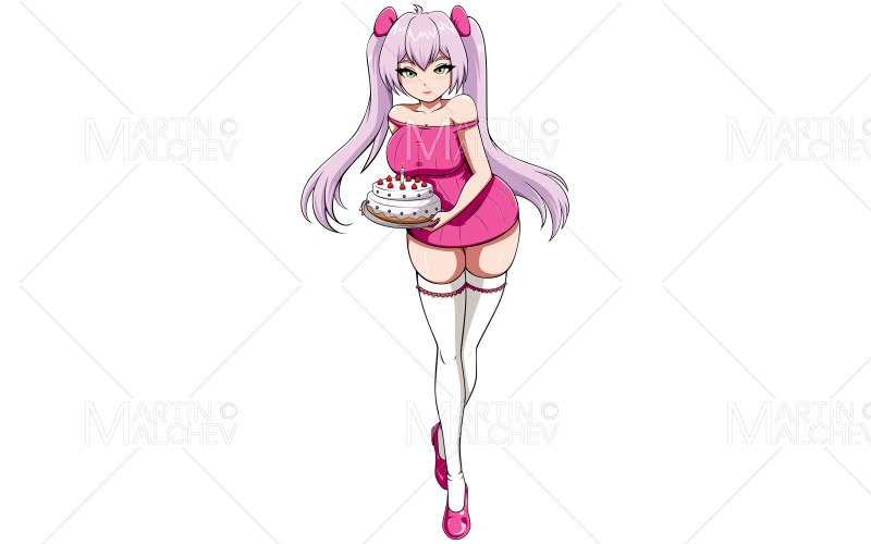 Garota de anime com bolo de aniversário em ilustração vetorial branca