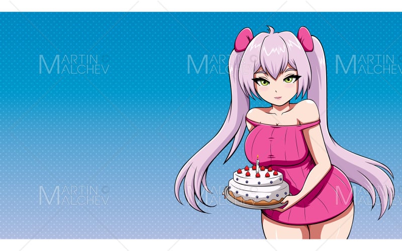 Menina de anime com ilustração vetorial de bolo de aniversário
