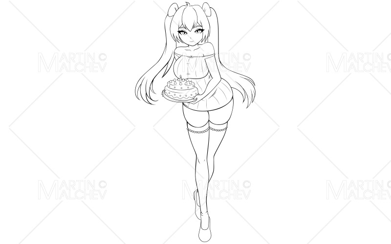 Ragazza anime con torta di compleanno linea arte illustrazione vettoriale