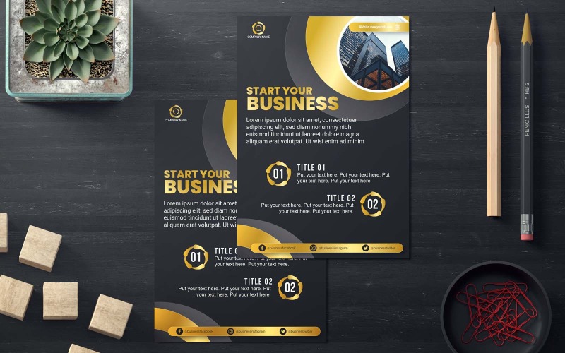 Conception de flyers commerciaux dorés et noirs professionnels et modernes - Identité d'entreprise