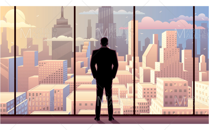 Empresario Viendo Ciudad Día Amanecer Ilustración Vectorial