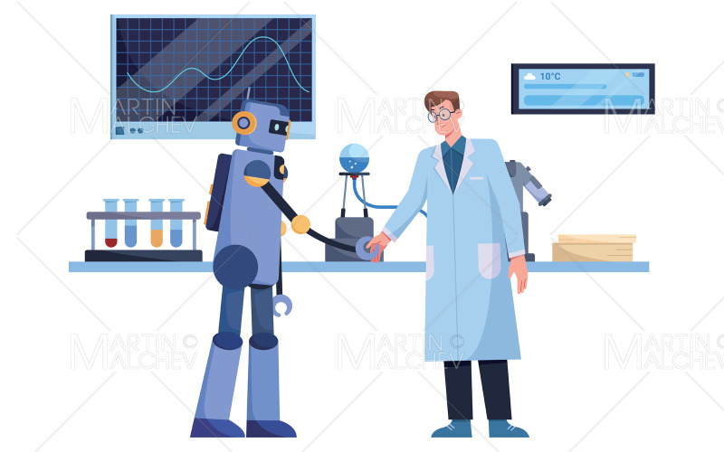 Forskare och robot vänner vektorillustration