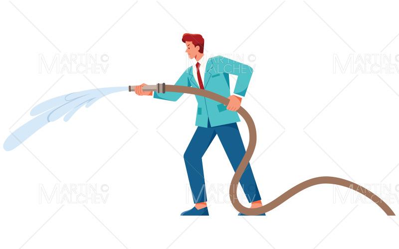 hombre de negocios, con, manguera de fuego, vector, ilustración