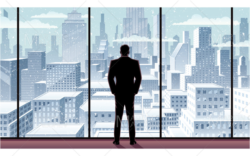 homme affaires, regarder, ville, hiver, vecteur, illustration