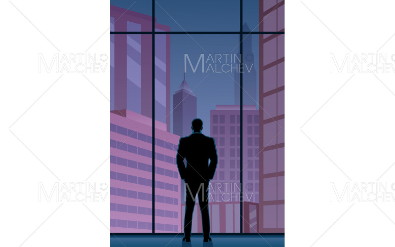 homme affaires, regarder, ville, vertical, vecteur, illustration