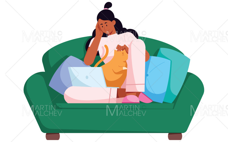 Mujer independiente que trabaja en la ilustración del vector del sofá