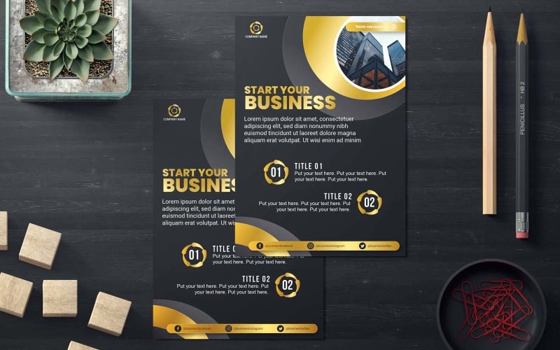 Professzionális és modern, arany-fekete üzleti szórólap tervezés – vállalati identitás