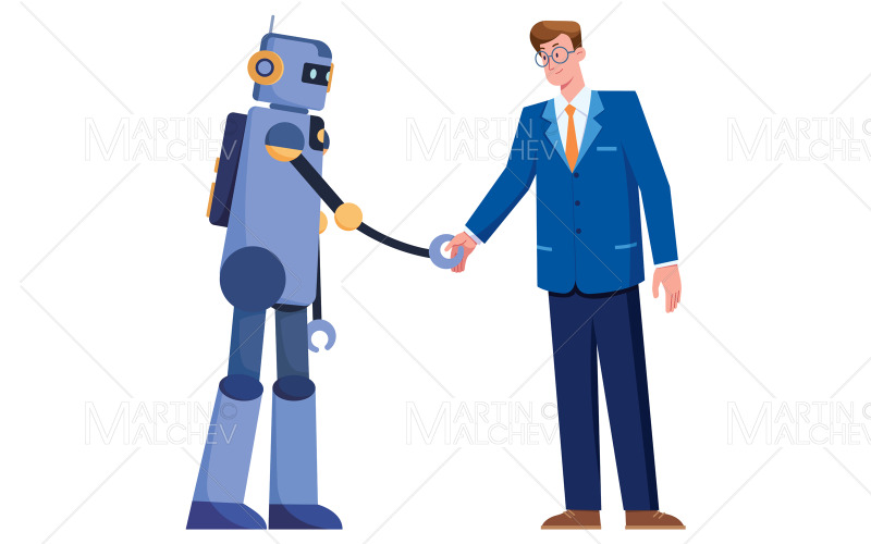 Uomo d'affari e robot sull'illustrazione bianca di vettore