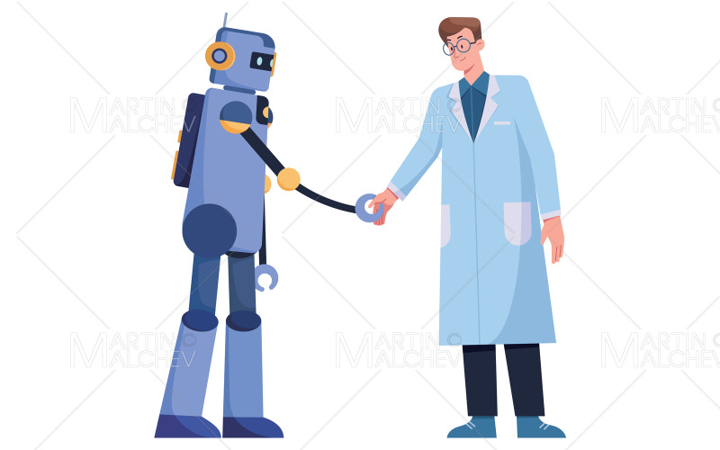Vědec a robot na bílém vektorové ilustrace