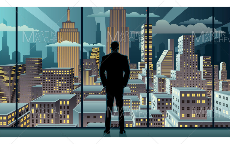 Zakenman Kijken Stad Nacht Vector Illustratie