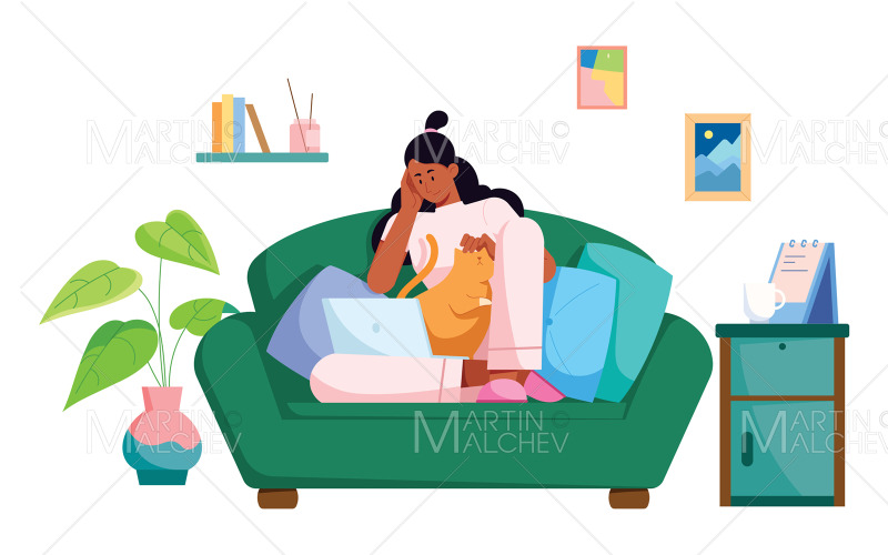 Žena na volné noze pracující z domova izolované vektorové ilustrace