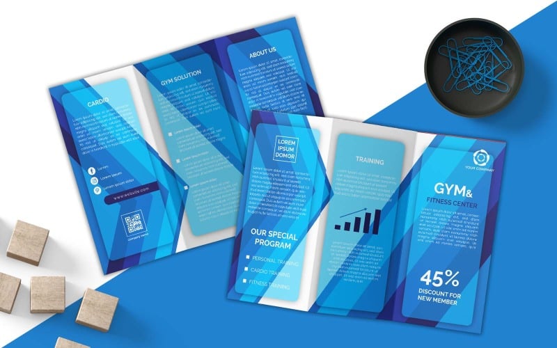 Diseño de folleto tríptico azul comercial GYM And Fitness Center - Identidad corporativa