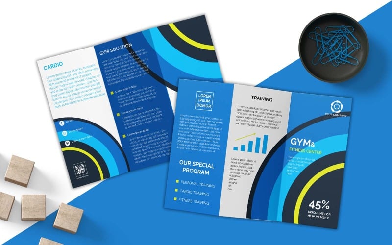 GIMNASIO Y GIMNASIO Diseño de folleto de tres pliegues de negocios - Identidad corporativa