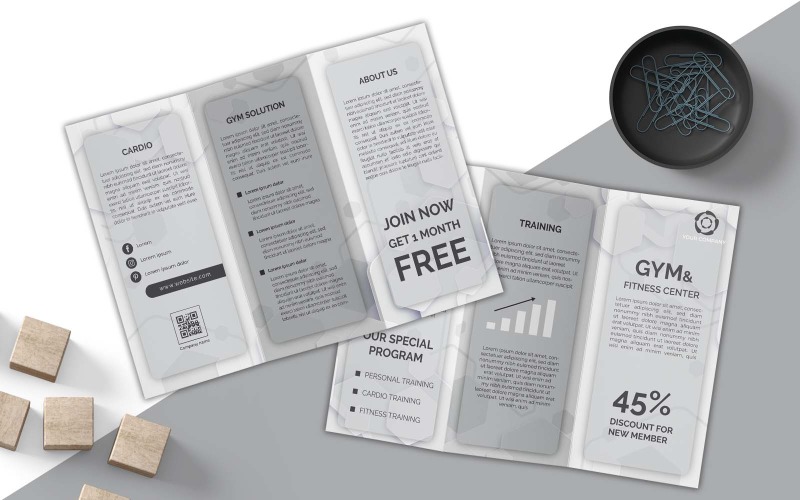 GYM And Fitness Center Business Gray Tri-Fold Brochure Design - Corporate Identity