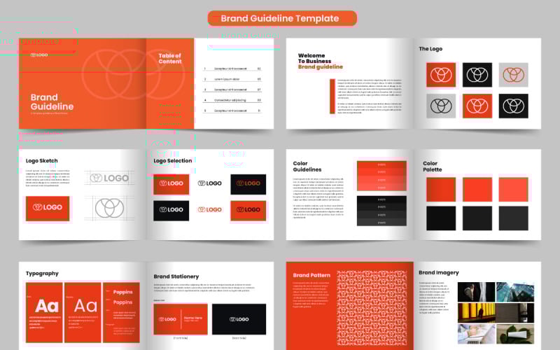 Plantilla de pautas de marca y diseño de diseño manual de marca de logotipo de paisaje, identidad corporativa