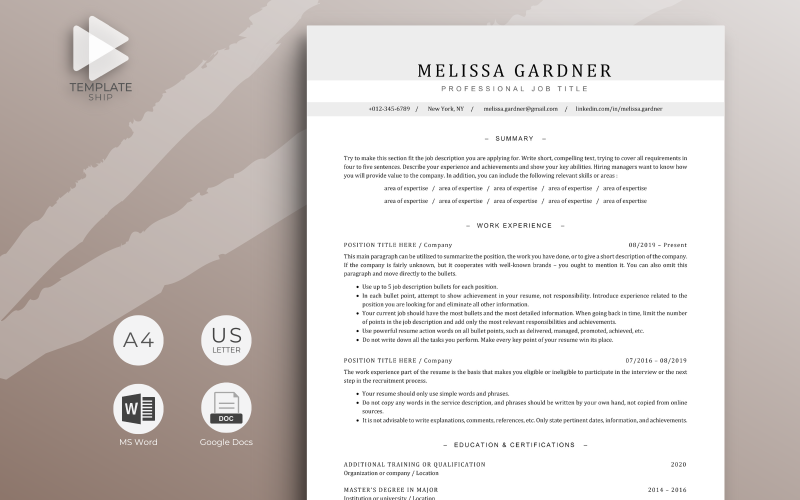 Modello di curriculum professionale Melissa Gardner