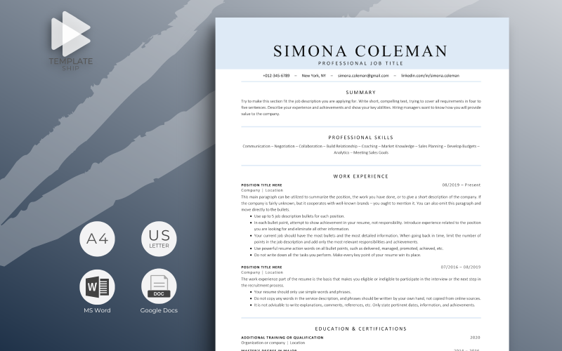 Modello di curriculum professionale Simona Coleman