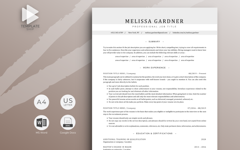 Profesionální šablona životopisu Melissa Gardner
