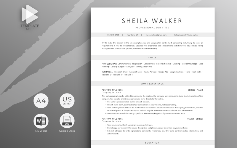 Professional Resume Template Sheila Walker - TemplateMonster