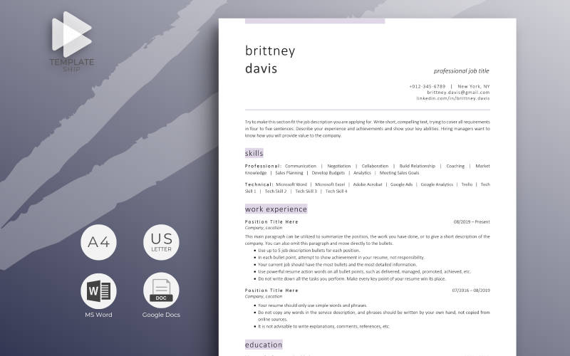 Vorlage für beruflichen Lebenslauf Brittney Davis