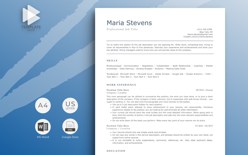Vorlage für einen professionellen Lebenslauf Maria Stevens