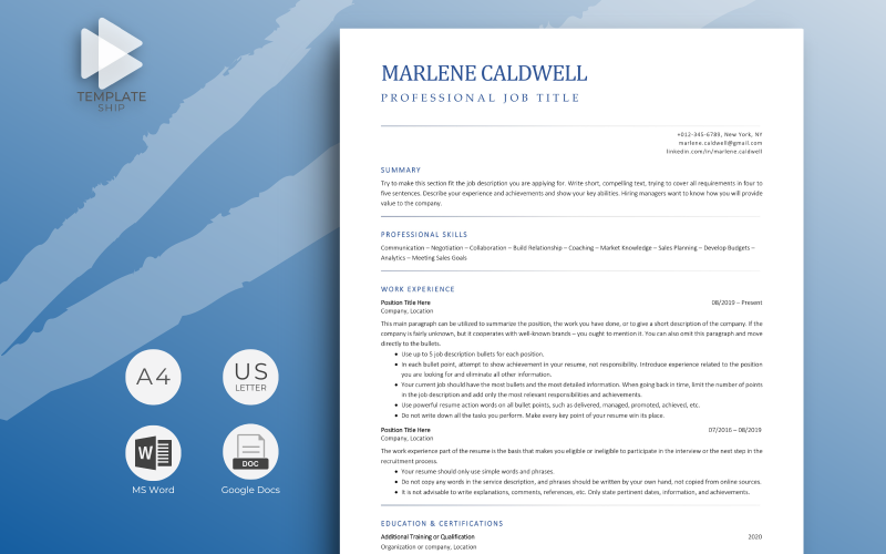 Vorlage für einen professionellen Lebenslauf Marlene Caldwell