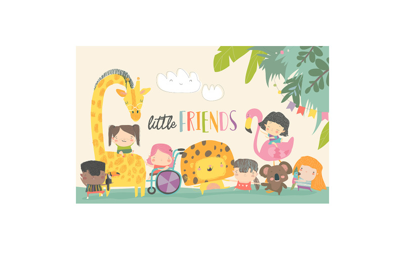 Aranyos gyerekek rajzfilm állat boldog barátja illusztráció