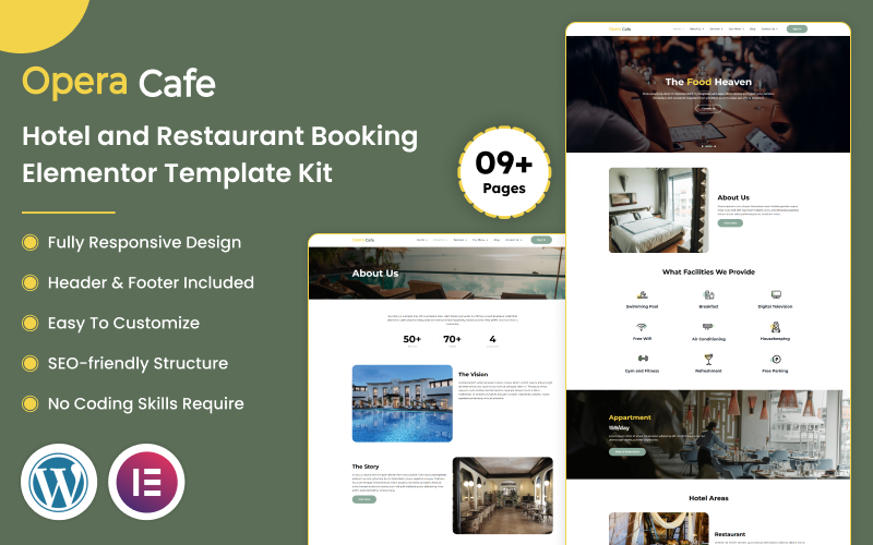 OperaCafe - Kit de modelo Elementor para reservas de hotéis e restaurantes